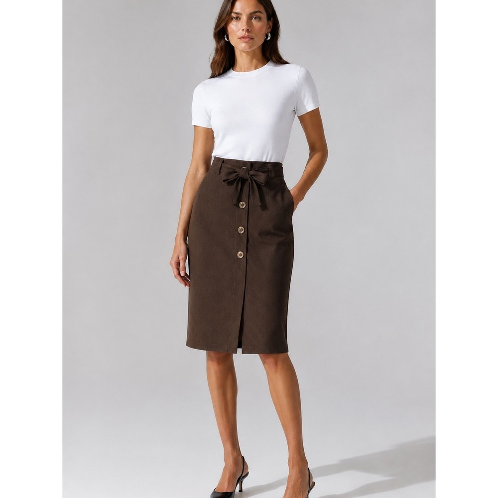 Marc New York Brown Button-Front Pencil Skirt with Tie Waist